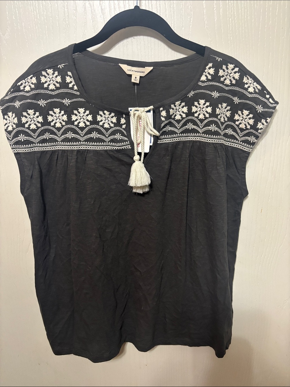 Lucky Brand Black Peasant Top with White Embroidered Yoke and Tassel